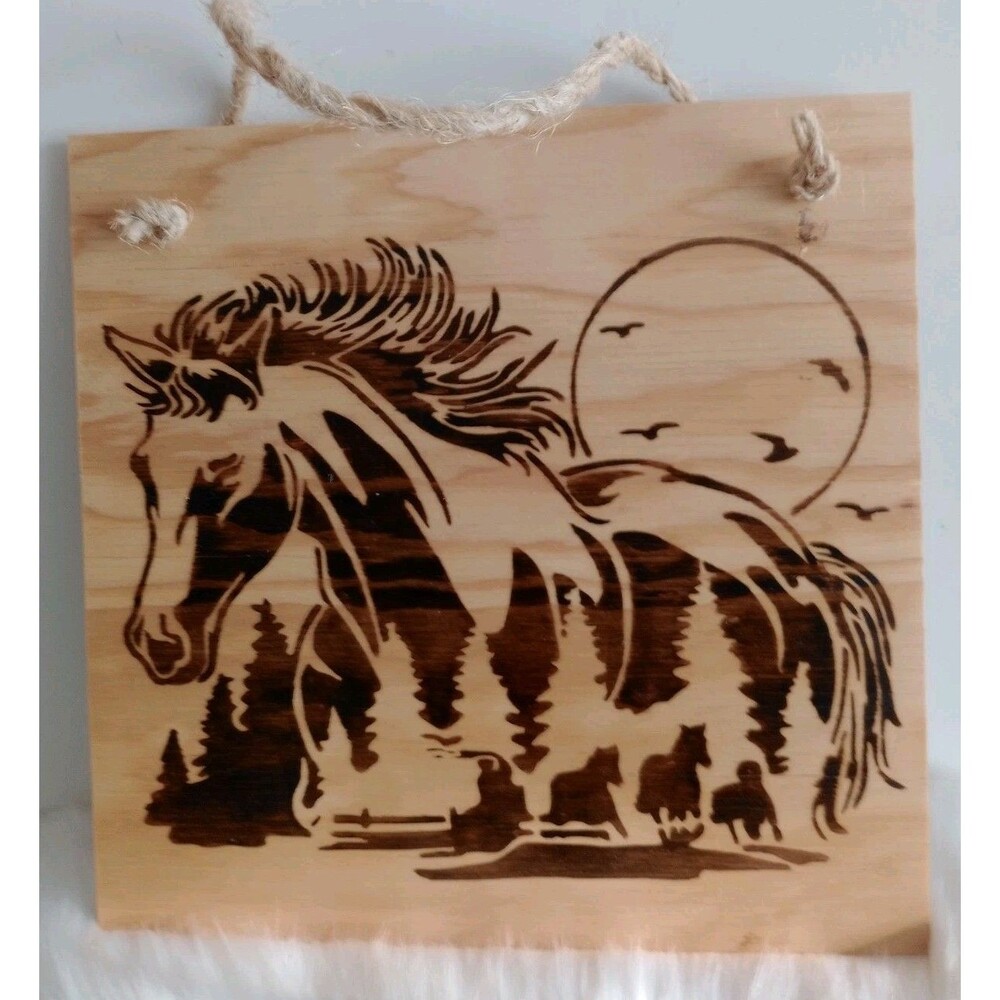 Handmade Horse Moon Home Decor Wood Burnished 12 X 12" Plaque Wall Hanging New